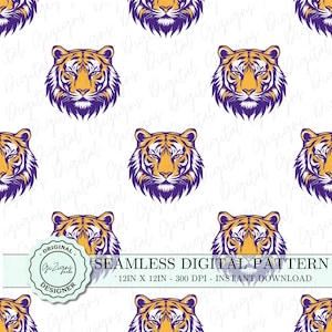 Peut inclure: Motif numérique sans couture avec des têtes de tigre répétées. Les tigres ont des visages jaunes, des rayures noires et des crinières violettes sur fond blanc. Le motif comprend le texte "Seamless Digital Pattern" et "12in x 12in - 300 DPI - Instant Download."