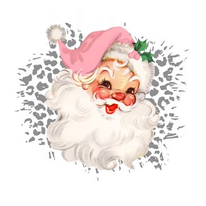May include: A vintage illustration of Santa Claus with a pink hat and white beard against a gray and white leopard print background.