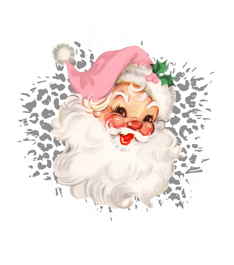 May include: A vintage illustration of Santa Claus with a pink hat and white beard against a gray and white leopard print background.
