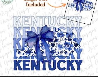 Blue and White Kentucky Cowgirl PNG Clipart, Coquette Blue Floral Bow Kentucky PNG Western PNG Grandmillenial Bow Design png, Sublimation