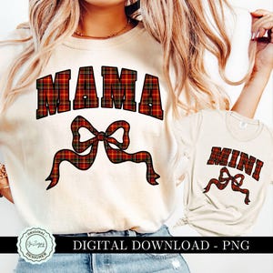 Mamá navideña mini PNG coqueta lazo a cuadros clipart vintage coqueta navideña clipart, mamá camisa mamá y yo, madre hija mamá png