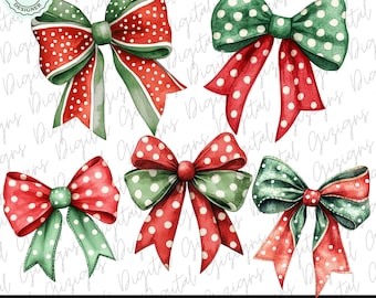 Christmas Coquette Bow PNG Bundle, Green and Red Bow ClipArt, Preppy Watercolor Retro Bow Clip Art Holiday Ribbon Sublimation Shirt Design