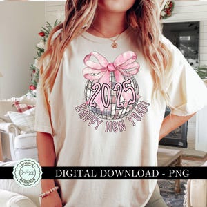 Trendy 2025 Nieuwjaar coquette discobal PNG clipart-afbeelding, girly roze strik illustraties, Soft Girl Social Club esthetische sublimatie ontwerp
