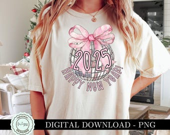 Trendy 2025 New Year Coquette Disco Ball PNG Clipart Graphic, Girly Pink Bow Clip Art, Soft Girl Social Club Aesthetic Sublimation Design