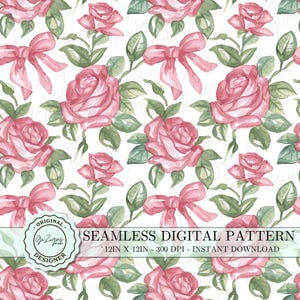 Vintage Watercolor Rose Coquette Seamless Pattern PNG SVG, Pink Flower Bow Repeat Pattern Digital Paper Wallpaper Paper, Flowered Pattern