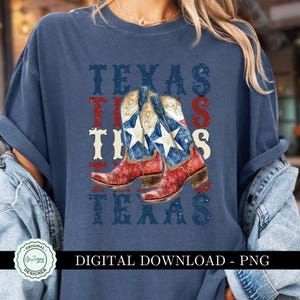 May include: A blue t-shirt with the text "Texas This Texas" and a graphic of red, white, and blue cowboy boots.