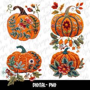 May include: Four embroidered pumpkins with floral designs. The pumpkins are orange with green stems and leaves. The flowers are in shades of red, blue, green, and white.