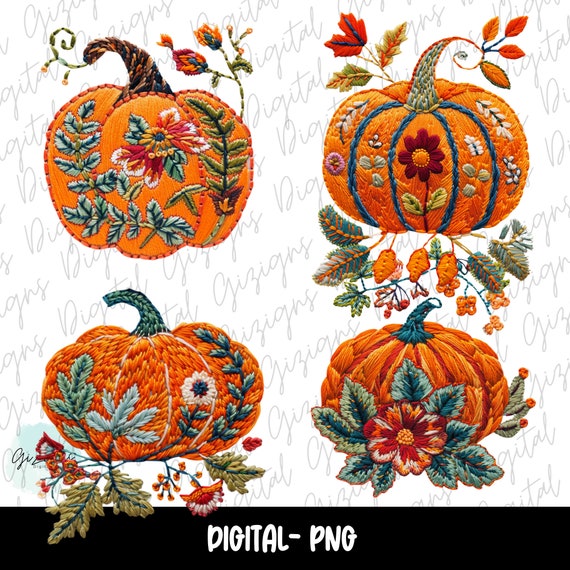 Pumpkin Clipart Faux Embroidery PNG, Floral Pumpkin Clip Art, Embroidery Flowers Clipart Bundle, Fall Floral Clipart, Fall Pumpkin Download