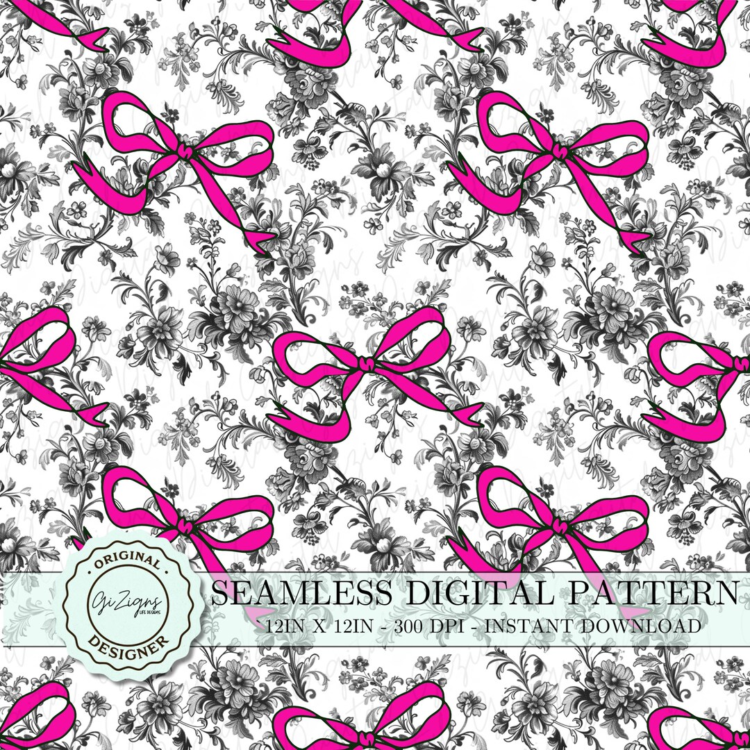 Vintage Black Toile Pink Coquette Bow Seamless Pattern PNG SVG, Pink ...