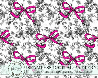 Vintage schwarze Toile rosa kokette Schleife Nahtloses Muster PNG SVG, rosa Chinoiserie Schleife Digitales Papier Tapete Sammelalbum, ausgefallener Shabby-Chic