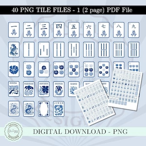 Peut inclure: T&eacute;l&eacute;chargement num&eacute;rique de 40 fichiers de tuiles PNG, comprenant des tuiles de Mahjong avec des caract&egrave;res chinois et des illustrations dans des tons bleus. L'ensemble comprend des tuiles num&eacute;rot&eacute;es, des tuiles de suite et des tuiles de saison. Le texte "DIGITAL DOWNLOAD - PNG" est &eacute;galement visible.