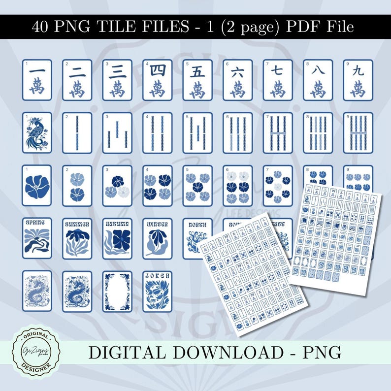 Peut inclure: T&eacute;l&eacute;chargement num&eacute;rique de 40 fichiers de tuiles PNG, comprenant des tuiles de Mahjong avec des caract&egrave;res chinois et des illustrations dans des tons bleus. L'ensemble comprend des tuiles num&eacute;rot&eacute;es, des tuiles de suite et des tuiles de saison. Le texte "DIGITAL DOWNLOAD - PNG" est &eacute;galement visible.