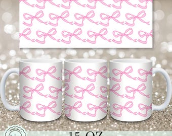 Pink Coquette Bow Mug Wrap, 11oz and 15oz Mug Sublimation Design, Vintage Girly Floral Pink Bows Soft Girl Shabby Chic Pink Ribbon