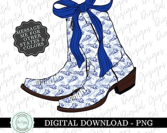 Blue Kentucky Coastal Cowgirl PNG, Coquette Bow Chinoiserie Floral Cowboy Boots Grandmillenial Design PNG, Sublimation Preppy State png