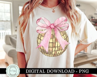 Trendy Coquette Disco Ball PNG Clipart Graphic, Gold Disco Ball Girly Pink Bow Clip Art, Soft Girl Social Club Aesthetic Happy New Years