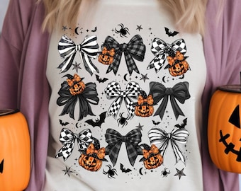 Halloween Black Checkered Bow Dark Coquette PNG ClipArt Collage, Pumpkin Spider Jackolantern Retro Bow Clip Art, Black Ribbon Sublimination