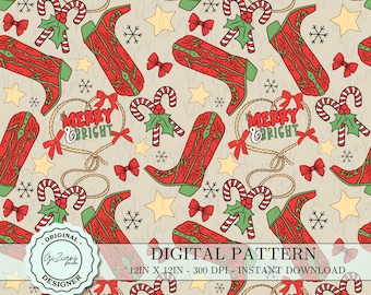 Vintage Cowgirl Christmas Coquette Seamless Pattern Digital Paper, Western Cowboy Boot Printable Paper, Digital Scrapbook Wallpaper PNG