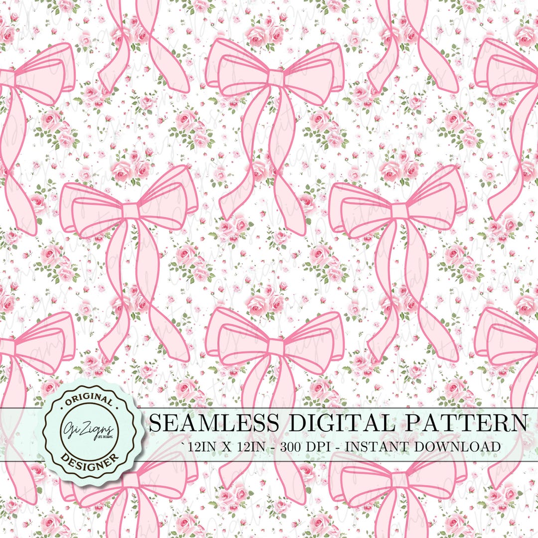 Vintage Pink Bow Coquette Seamless Pattern PNG SVG, Retro Pink Floral ...