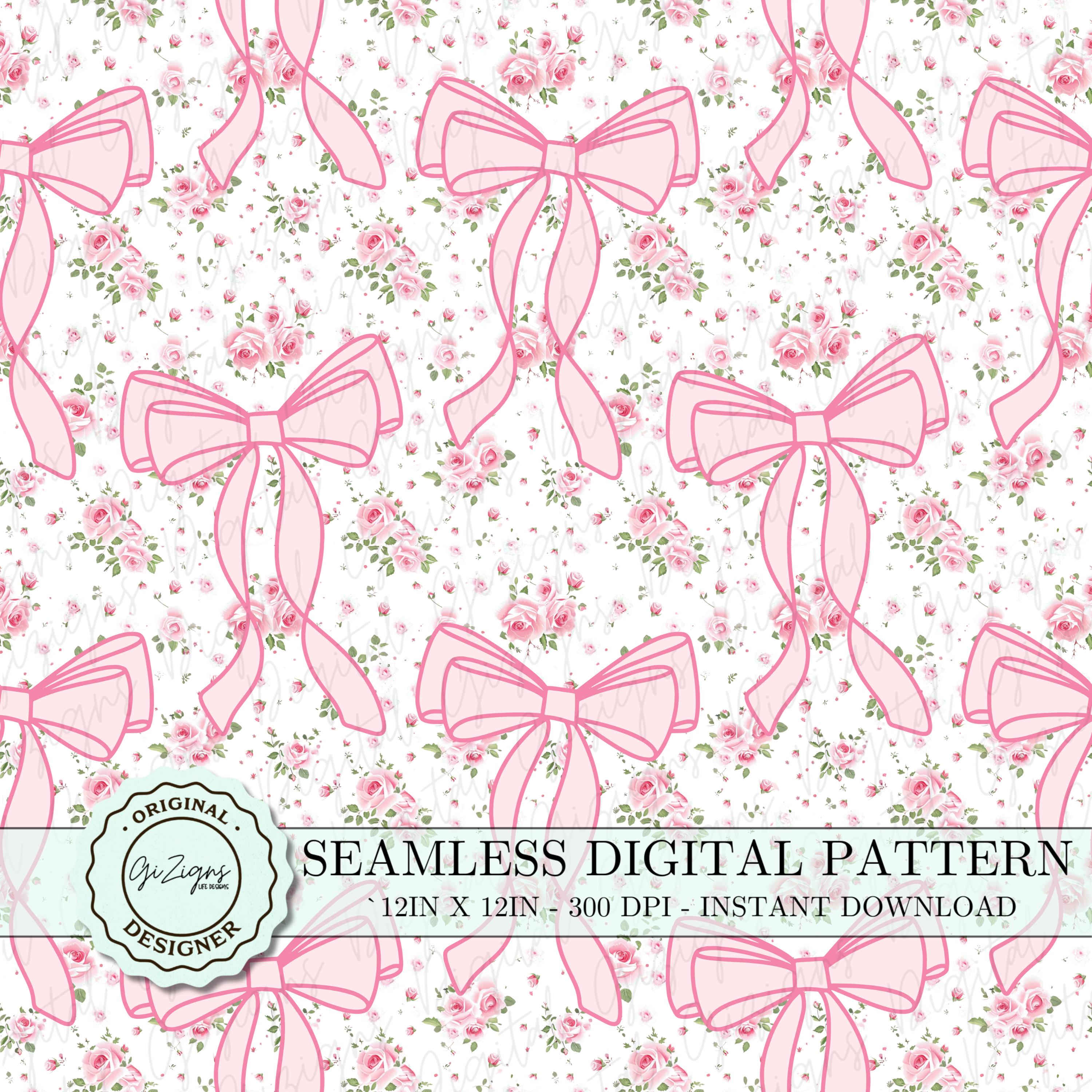 Vintage Pink Bow Coquette Seamless Pattern PNG SVG, Retro Pink Floral Digital Wallpaper Scrapbook Paper, Retro Shabby Chic Background