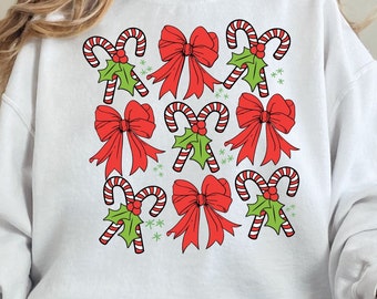Coquette Christmas PNG, rode strik Coquette Bow PNG, candy cane clipart, retro kerst sublimatie shirtontwerp girly esthetische vakantie png