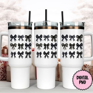 May include: Three white stainless steel tumblers with black lids and straws. Each tumbler features a black and white watercolor design of 18 bows.