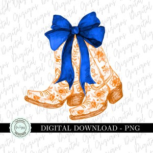 Cowgirl côtière bleu royal et orange PNG, Coquette Chinoiserie Orange Floral Boots Bow Grandmillenial Design PNG, Sublimation DTF, Preppy