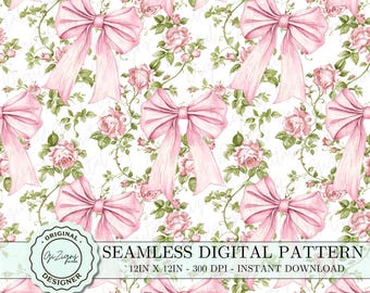 Coquette Bow Seamless Pattern File, Seamless Vintage Floral Pink Bows Design, Surface Pattern Pink Flower Bow Digital Paper Girly Feminine