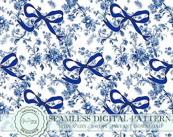 Lazo de coqueta de toile azul vintage sin costuras PNG SVG, papel tapiz digital de papel para álbum de recortes con lazo chinoiserie azul, diseño elegante y shabby chic