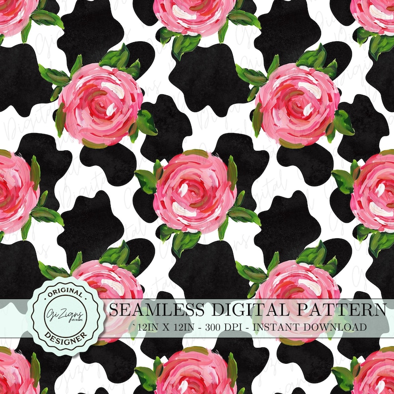 Cow Print Roses Western Cow Print Seamless Pattern, Cow Floral Seamless Digital Paper ...