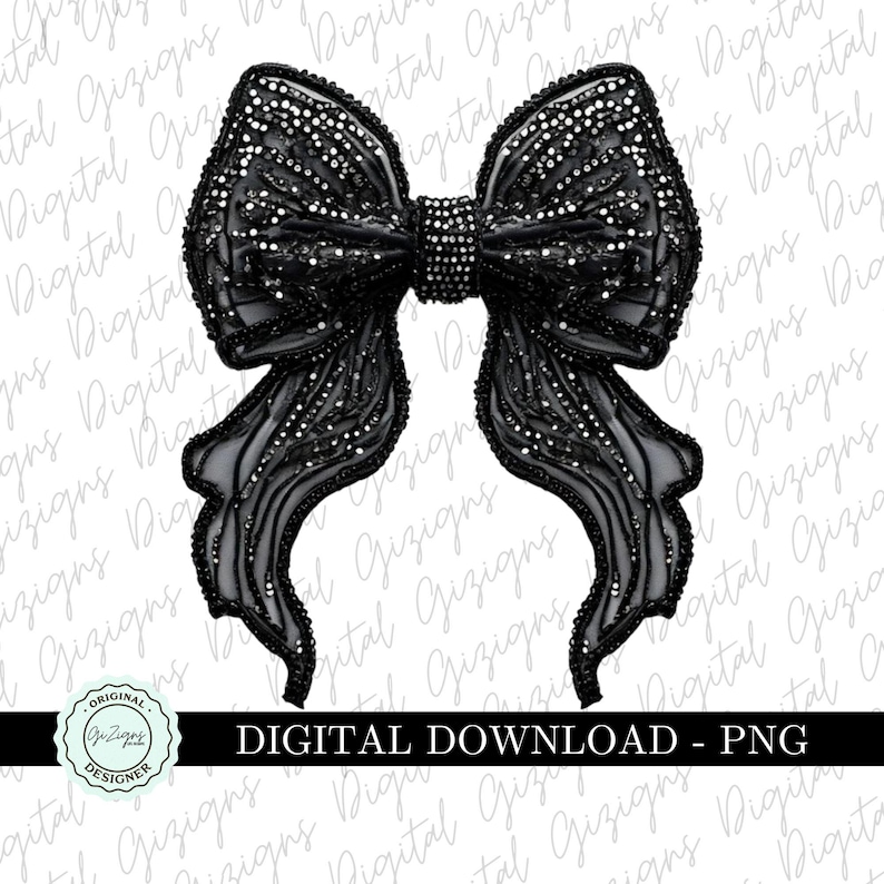 May include: A black bow with a sparkly, textured design. The bow is made of fabric and has a large, central knot.
