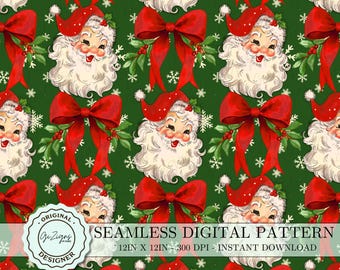 Green Vintage Christmas Santa Digital Paper, Red Santa Claus Seamless Pattern Printable Paper, Digital Scrapbook Wallpaper PNG, Xmas File