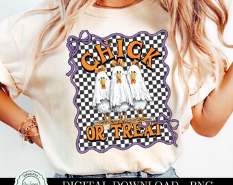 Halloween-kip png, kippenspook png, grappig Halloween-sublimatie herfstshirtontwerp, trendy herfst schattig Ghost Chick or Treat png