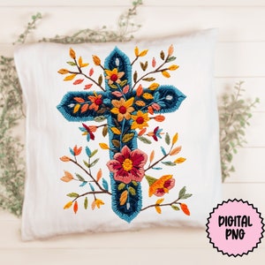 Trendy Floral Cross Faux Embroidery PNG Clipart, Cross PNG, Floral Clip Art, Flowers Clip Art, Sublimination Embroidery Digital Download image 3