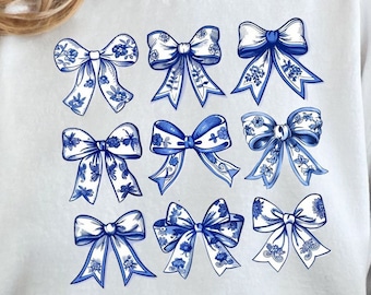 Blue and White Coquette Bow PNG ClipArt Collage, Coquette Blue Chinoiserie Floral Bows Grandmillenial Design PNG, Sublimination DTF  Preppy