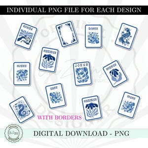 Peut inclure: Ensemble de cartes &agrave; jouer bleues et blanches avec des illustrations florales et abstraites. Chaque carte est &eacute;tiquet&eacute;e avec une saison ou une direction, avec les mots "SPRING", "SUMMER", "WINTER", "NORTH", "SOUTH", "EAST", "WEST" et "JOKER". Le texte "WITH BORDERS" et "DIGITAL DOWNLOAD - PNG" est &eacute;galement visible.