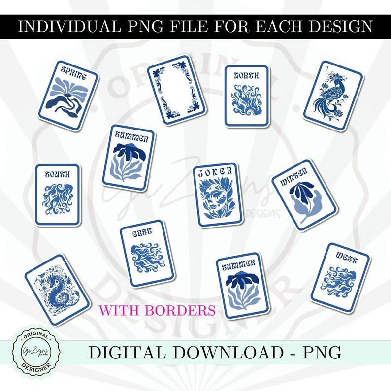 Peut inclure: Ensemble de cartes &agrave; jouer bleues et blanches avec des illustrations florales et abstraites. Chaque carte est &eacute;tiquet&eacute;e avec une saison ou une direction, avec les mots "SPRING", "SUMMER", "WINTER", "NORTH", "SOUTH", "EAST", "WEST" et "JOKER". Le texte "WITH BORDERS" et "DIGITAL DOWNLOAD - PNG" est &eacute;galement visible.