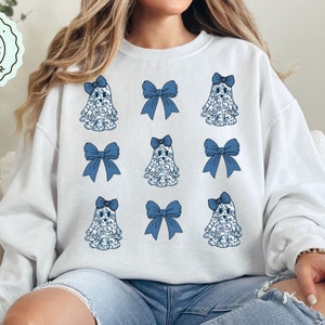 Cute Blue Toile Boujee Ghost PNG Collage, Coquette Blue Floral Halloween Bow Ghost Clipart PNG, Retro Girly Aesthetic Sublimination PNG