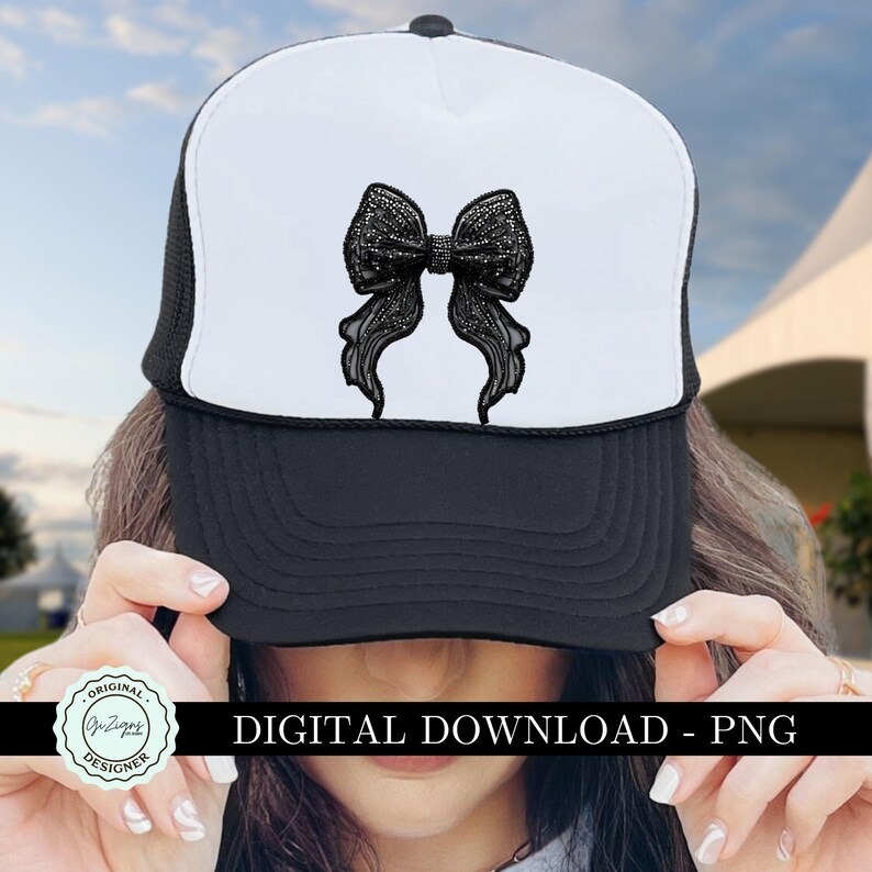 May include: A black and white trucker hat with a black sparkly bow on the front. The hat has a black mesh back and a white front panel. The text "DIGITAL DOWNLOAD - PNG" is visible at the bottom of the image.