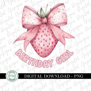 Lazo de coqueta de cumpleaños de moda para niña, fresa, clip art PNG, clip art de lazo rosa femenino, diseño de sublimación estético PNG de cumpleañera