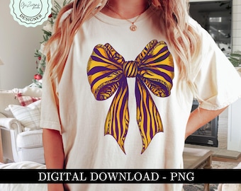 Gold and Purple Coquette Football Bow PNG, Purple Bow Clipart, Tiger Football Game Day Sublimation Shirt Design, Team Fall Football Mama PNG