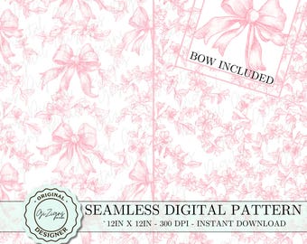 Vintage Pink Toile Coquette Seamless Pattern PNG SVG Bundle, Chinoiserie Bow Digital Paper Wallpaper Scrapbook Retro Shabby Chic Bow Design