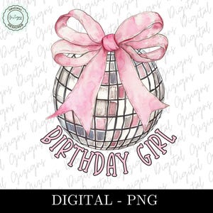 Op de afbeelding: Een roze en witte discobal met een roze strik erop. De tekst "Birthday Girl" staat onder de bal.
