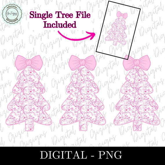 Pink Christmas Trees PNG, Pink Floral Christmas Bow Tree PNG, Pink Coquette Bow, Pink Toile png, Pink Chinoiserie png Clipart Sublimation