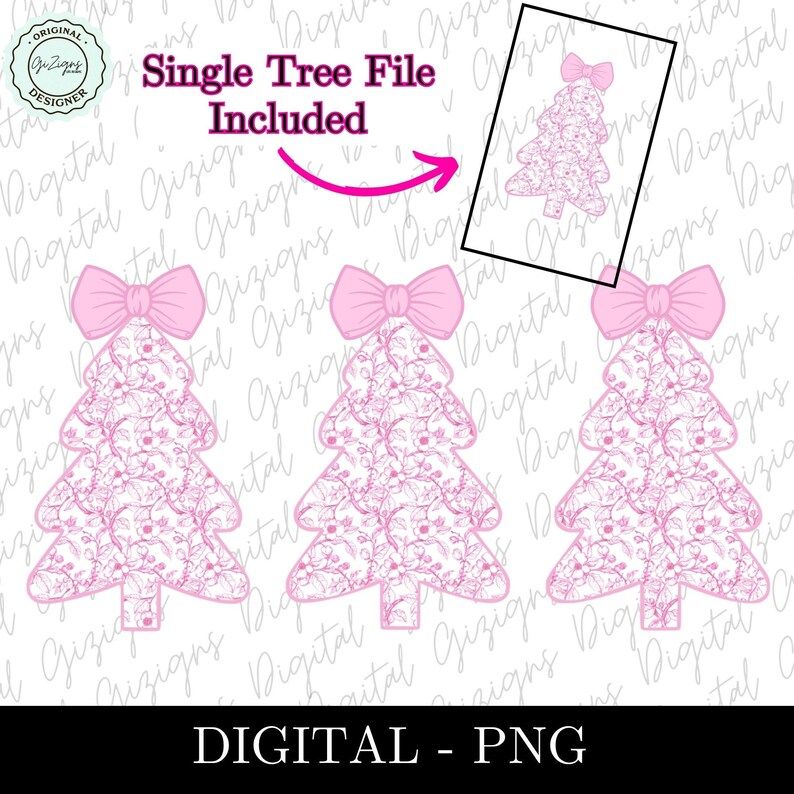 Pu&ograve; includere: Tre alberi di Natale rosa con un motivo floreale bianco e fiocchi rosa. Il testo "Single Tree File Included" &egrave; nella parte superiore dell'immagine. Il testo "DIGITAL - PNG" &egrave; nella parte inferiore dell'immagine.