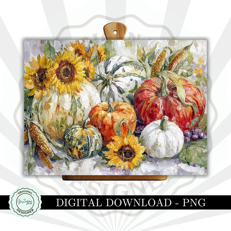 May include: A digital download image featuring a still life of pumpkins, sunflowers, and corn. The pumpkins are various colors, including orange, white, and green. The sunflowers are yellow, and the corn is golden. The image is labeled "DIGITAL DOWNLOAD - PNG".