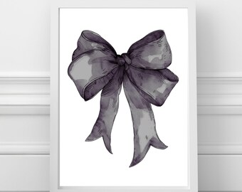 Arte de pared con lazo coqueto oscuro, decoración de habitación coqueta, impresión digital con lazo negro, decoración de dormitorio femenino con acuarela, decoración de apartamento preppy negro