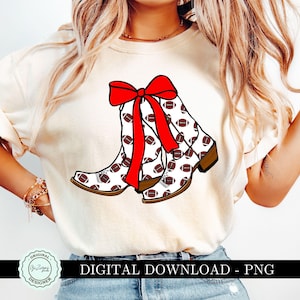Football Cowboy Boots PNG, Red Coquette Bow Game Day Shirt Design PNG, Country Cowgirl Sublimation DTF png, Team Spirit Graphic Clipart