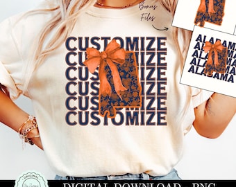 Custom Alabama PNG Clipart, Blue Orange Alabama Coquette Bow, Preppy Personalized Alabama State png Team Shirt Design Sublimation Graphic