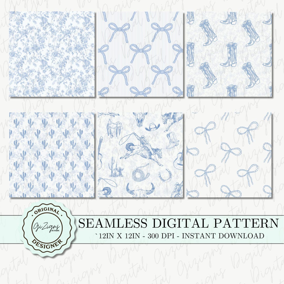 Coastal Cowgirl Digital Paper Seamless Pattern Bundle | Blue & White ...