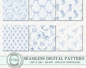 Coastal Cowgirl Digital Paper Seamless Pattern Bundle | Blue & White Toile Western Coquette Designs Scrapbook Paper Junk Journal PNG